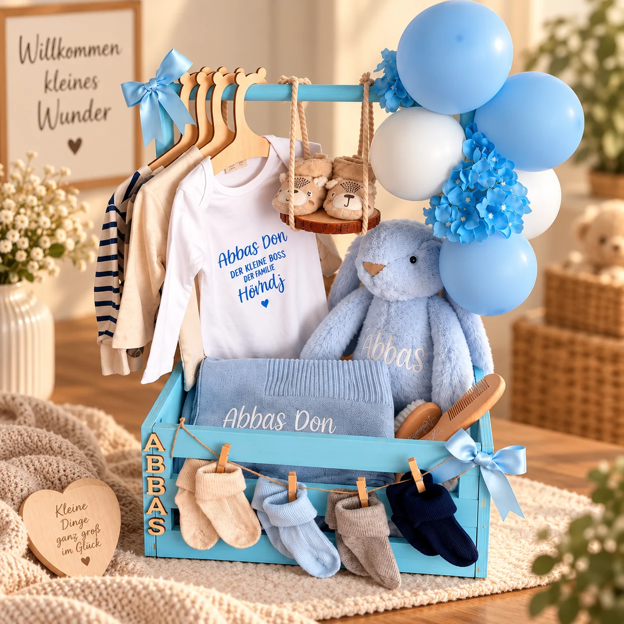 Personalisiertes Baby-Geschenkset in Blau mit Wunschnamen, Decke und Plüschhase