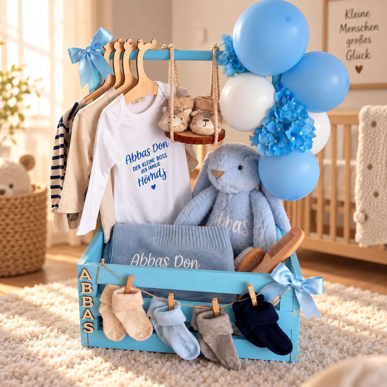 Baby-Geschenkset in Blau Lifestyle-Ansicht mit arrangierter Babykleidung auf Holzbox