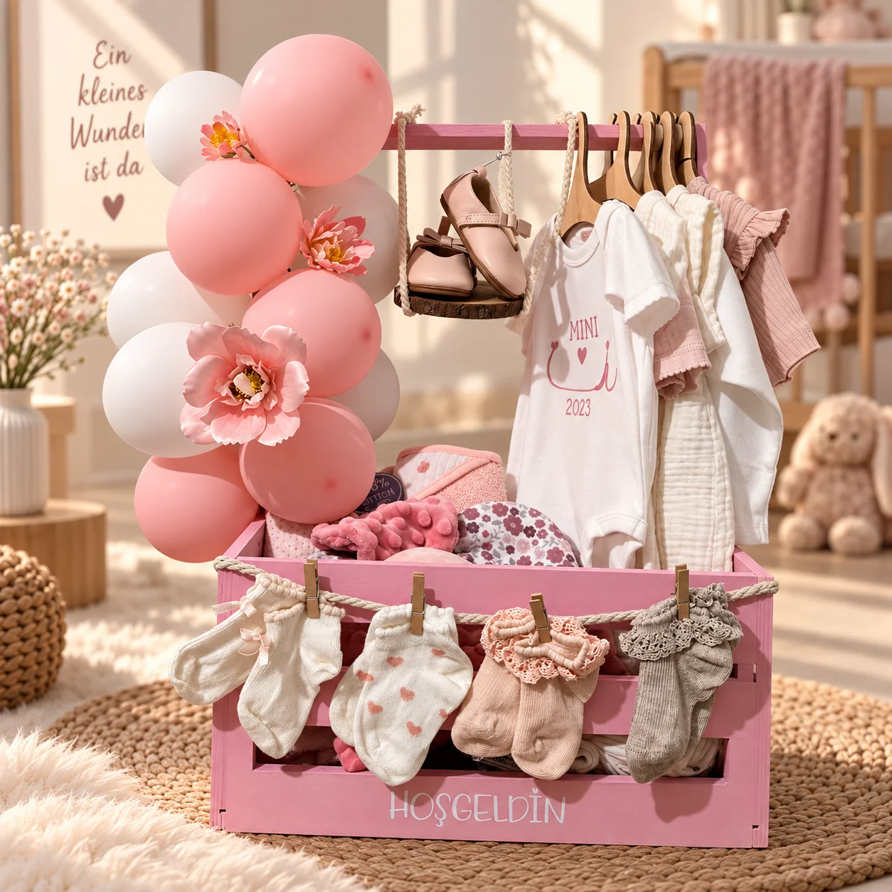 Rosa Baby-Geschenkset mit Schühchen, Babykleidung und festlicher Dekoration zur Geburt