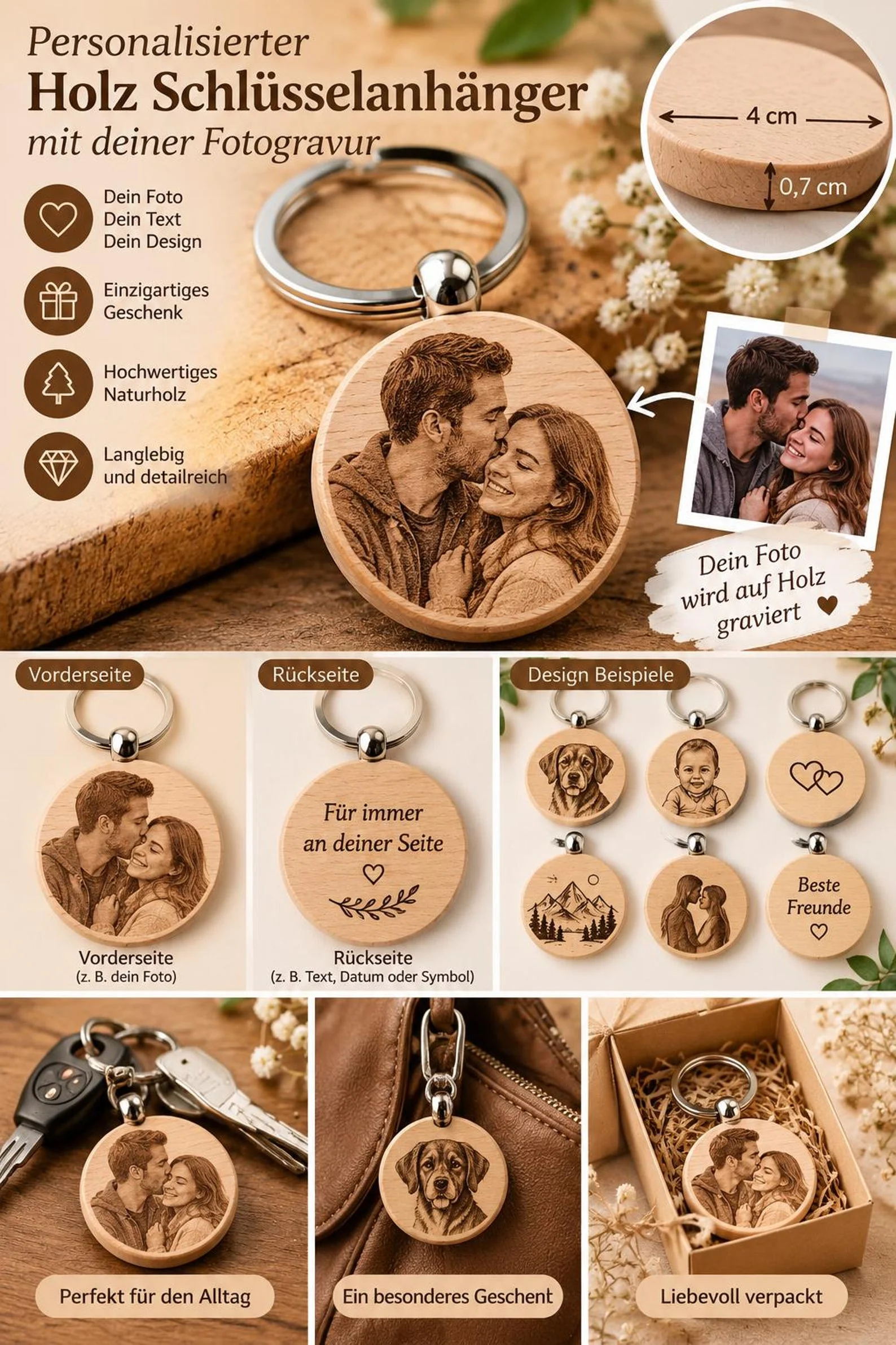 Personalisierter Holz Schlüsselanhänger mit Fotogravur