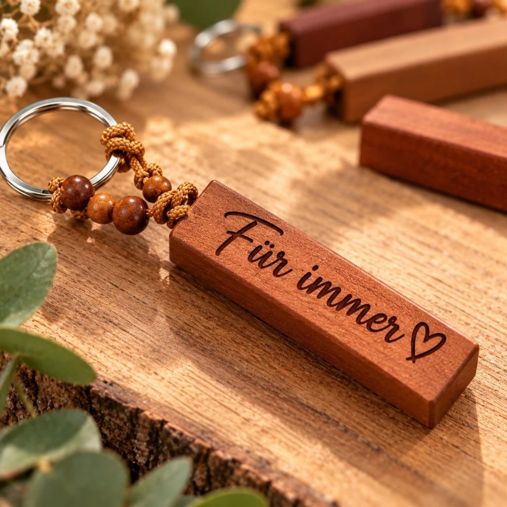 Personalisierter Holz Schlüsselanhänger Quader mit Gravur Für immer und Holzperlen