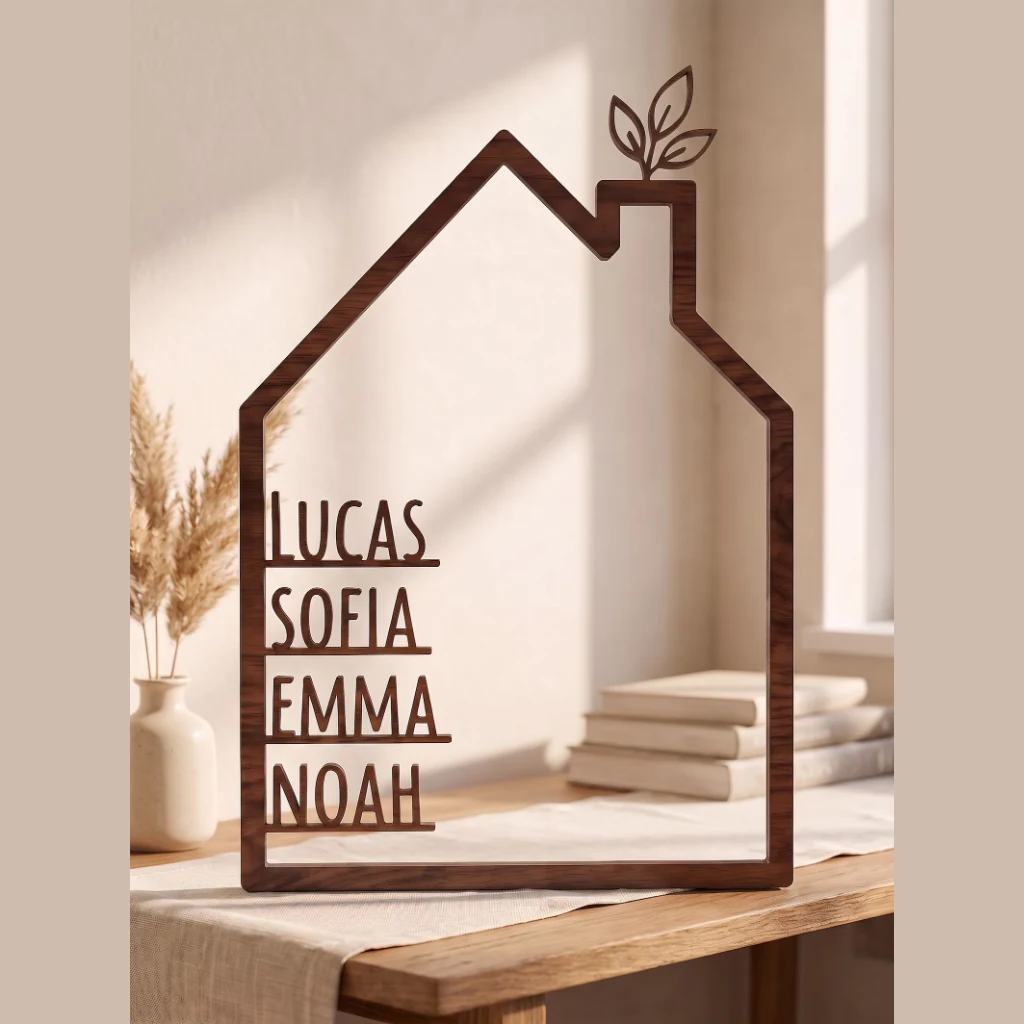 Personalisiertes Holz Familienhaus Aufsteller mit Namen Lucas Sofia Emma Noah in Walnuss
