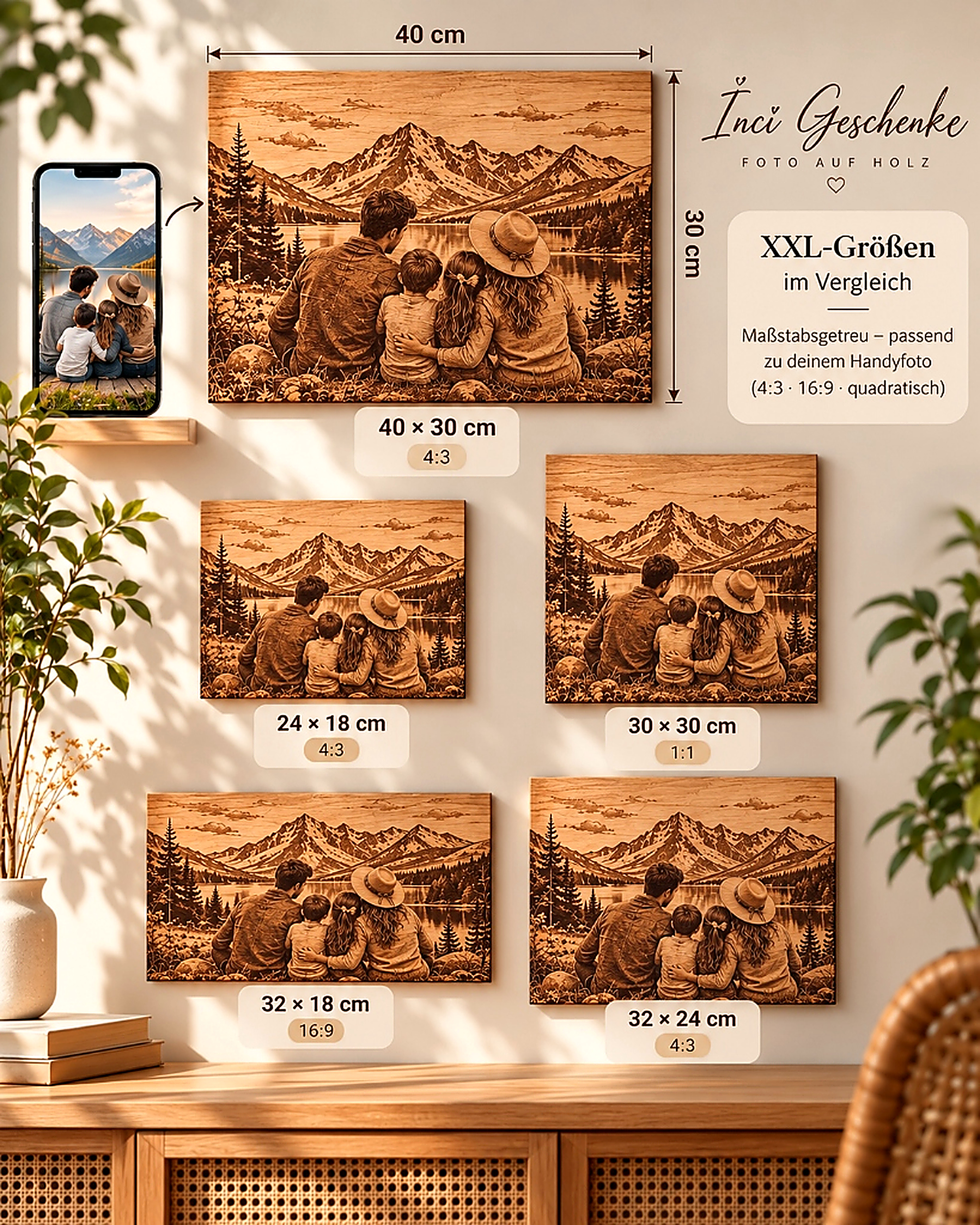 Personalisiertes Holzbild mit Fotogravur alle Größen im Vergleich auf Echtholz