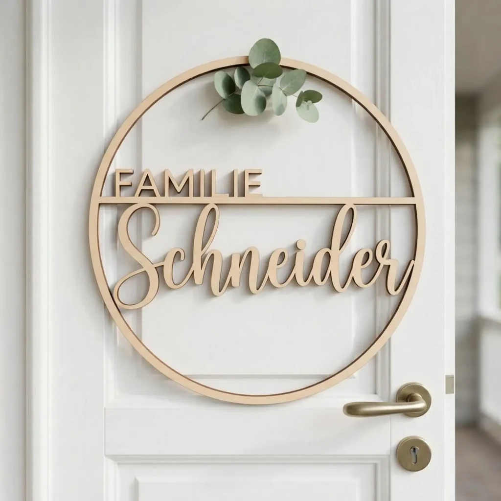 Personalisiertes rundes Türschild aus Holz mit Familienname Schneider und Eukalyptus